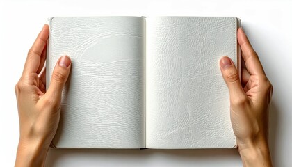 Obraz premium Hands holding open blank book against white background. Close-up, top-down view