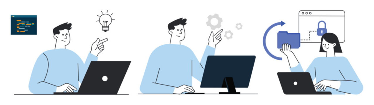 Set of Software Development and Data Security Concept Vector Illustrations with People Working on Laptop and Computer, Coding, Idea, Settings, File Transfer, and Protection.
