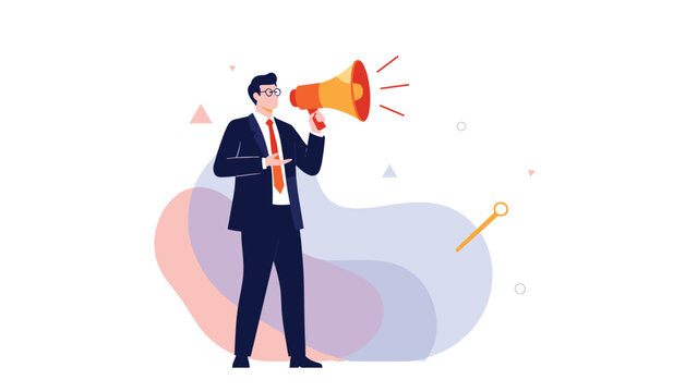 Professional businessman in a suit uses a megaphone to make a loud announcement or public statement in an office setting.