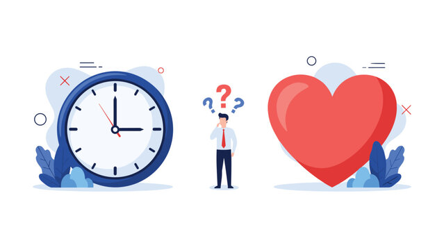Puzzled businessman stands between a large clock and a red heart symbolizing the conflict between time and passion.