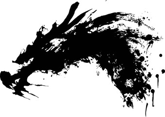 Obraz premium Black ink splash dragon head silhouette abstract oriental mythical beast painting brush stroke