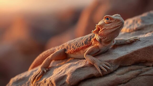 A bearded dragon lounges on a sun-warmed rock, orange-brown scales, spiky beard, and alert eye bathed in warm sunset light, showcasing rugged texture.