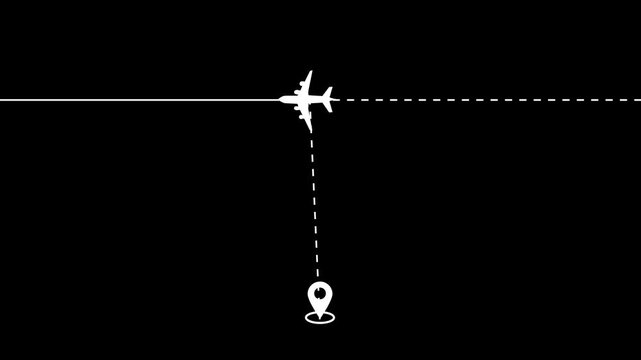 Minimalist airplane path with line from a location pin animation isolated on black background