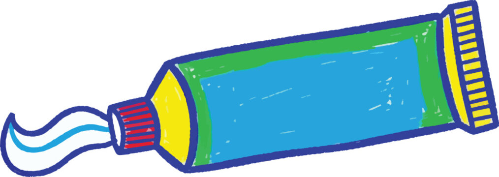 A colorful tube of toothpaste is depicted with a white background. The toothpaste tube is green with yellow and blue accents, and a white toothpaste is emerging from the nozzle.