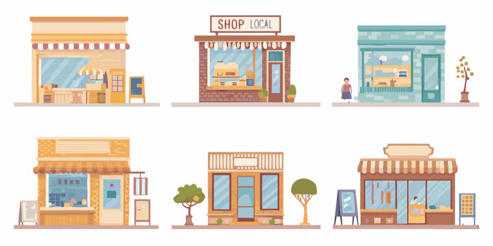 Colorful illustration depicting a row of charming small local businesses