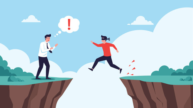 Illustration of a businessman watching a blindfolded person taking a risky leap across a wide mountain gap or cliff during work.