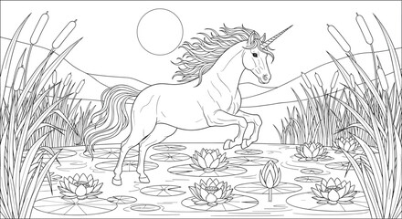 Magical unicorn leaping gracefully over pond with blooming water lilies, cattails, rolling hills, radiant sun, fantasy nature scene, elegant flowing mane © MdMozammal