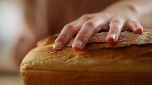 Hands Inspect Warm Bread. Baker Feeling Freshly Baked Loaf. Closeup Of Hands Touching Golden Crust