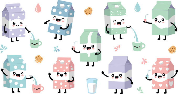 Cute milk carton characters collection with cookies, cups and splashes, funny dairy drink cartoon mascots vector illustration set for kids food design