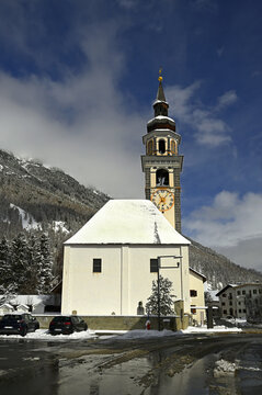 Bever Church, Bever in winter - a municipality in the Swiss canton of Graub&uuml;nden, district of Maloja, Engadin valley, about 6 kilometers of St. Moritz, Switzerland