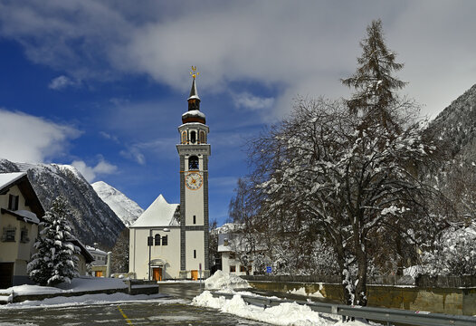 Bever Church, Bever in winter - a municipality in the Swiss canton of Graub&uuml;nden, district of Maloja, Engadin valley, about 6 kilometers of St. Moritz, Switzerland