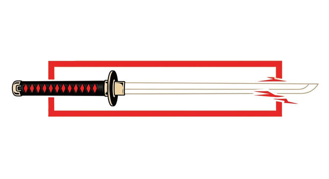 A sleek katana sword with a black and red handle lies horizontally on a surface, surrounded by a bold red rectangular outline, showcasing its sharp blade and distinctive tsuka.