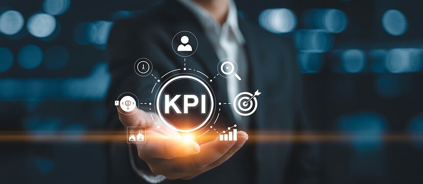 A businessman presenting key performance indicators in a modern office setting