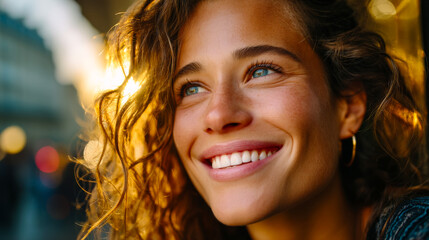 Fototapeta premium Woman smiles with sunlight in background. A woman with curly hair smiles while sunlight shines behind her. She is outside in a city setting.