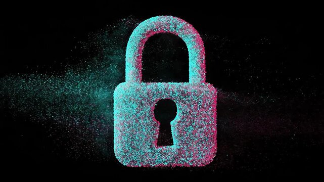 A glowing digital padlock made of turquoise and magenta particles floats in a dark space; a wireframe of points forms the lock, symbolizing cybersecurity