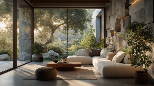 Modern Living Space with Nature View: A spacious, contemporary living room seamlessly merges with the outdoors, featuring a panoramic view, showcasing comfort and design.