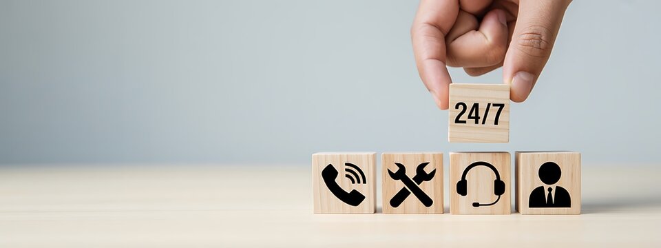 A hand placing a 24/7 block on top of customer service icons