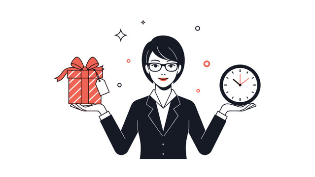 Professional businesswoman balances a red gift box and a wall clock in her hands to represent the concept of time and rewards.