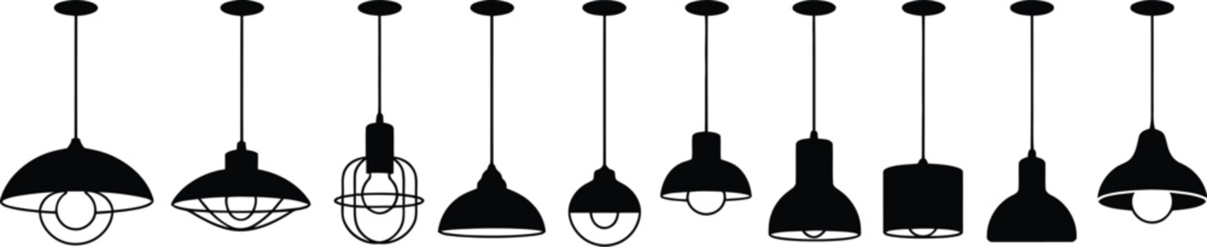 Industrial pendant light icon set with black silhouette hanging lamps ceiling chandelier and vintage loft lighting fixtures for interior decoration