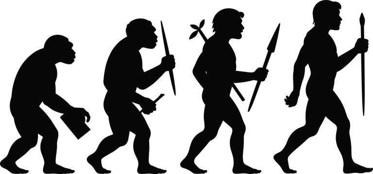 Human evolution silhouette from primitive ape to modern man with tools and weapons, evolution theory concept, anthropology progression isolated on white background illustration