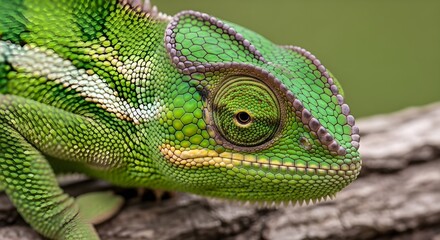 Fototapeta premium Close-up portrait of vibrant green chameleon on natural rock in wild habitat