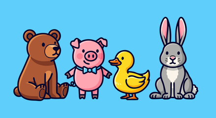 Naklejka premium Four cheerful cartoon animals posing together on bright sky blue background illustration