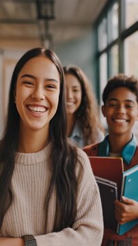 Gruppe lachender Studenten mit Heften und B&uuml;chern im Flur einer Universit&auml;t oder Schule