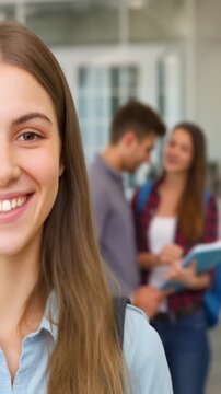 Gruppe lachender Studenten mit Heften und B&uuml;chern im Flur einer Universit&auml;t oder Schule