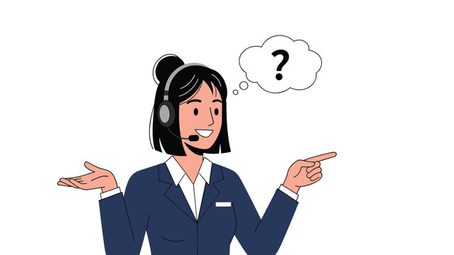 Helpful female customer support agent with a headset looks confused with a question mark thought bubble over her head.