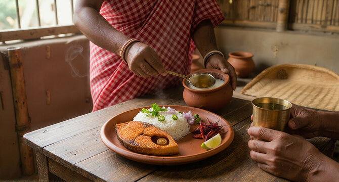 Traditional Bengali panta bhat with hilsa fish served on rustic table during Pohela Boishakh