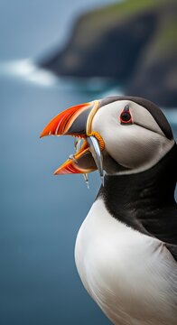 Atlantic Puffin with Fish in Beak, Coastal Bird Portrait.
