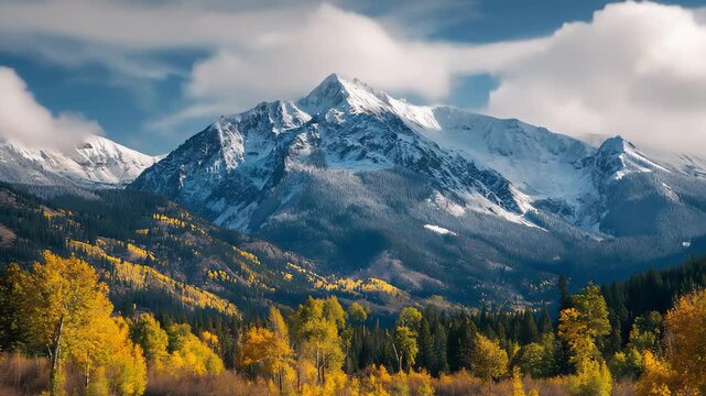 Snow-capped peaks rise above a dense forest; autumn foliage glows golden and orange as a blue sky and wispy clouds complete this dramatic mountain landscape