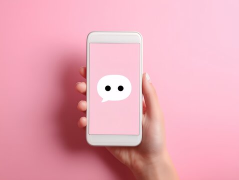ピンク色の背景で吹き出しのアイコンが表示されたスマートフォンを持つ手