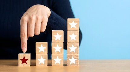Hand Gesturing Towards Red Star Block on Rating Scale Blue Background with High Contrast Lighting Minimalist Style gesture
