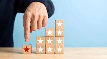 Light-Skinned Hand Performing Downward Gesture on Unique Red Star Block of Rating Scale Solid Blue Background with High Contrast Natural Lighting Minimalist Composition