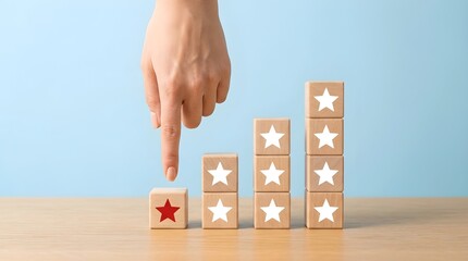 Hand Gesturing to Red Star Block on Scale with Blue Contrast Background High-Key Lighting Minimalist Style gesture