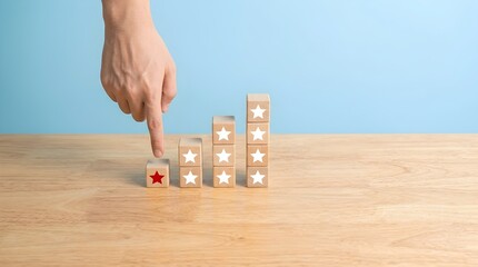 Hand Gesturing Towards Red Star Block Scale Blue Contrast High-Key Lighting Minimalist Studio Composition gesture