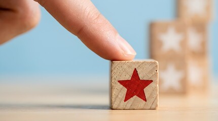 Hand Gesturing Towards Red Star Block Minimalist Design Against Light Blue Background High Contrast Lighting Capturing Delicate Wood Grain Texture gesture scale
