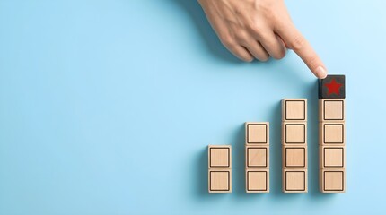 Hand Gesture Pointing at Red Star Block Minimalist Scale Blue Background with High Contrast Lighting Soft Natural Light