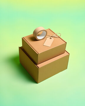 Brown Gift Boxes with Tag and Ribbon on Green Background
