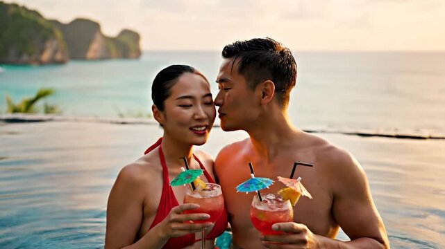 Romantic Asian couple kissing affectionately in an infinity pool while holding tropical cocktails at sunset with a stunning ocean view.