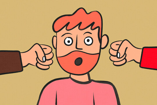Person with surprised expression between two fists