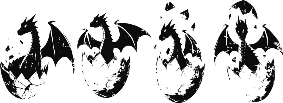 Black dragon hatching from egg set mythical creature birth sequence with cracked shell and spreading wings
