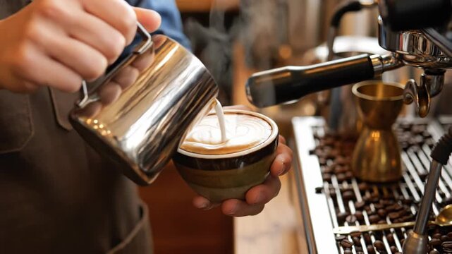 Barista pouring steamed milk into a cup of coffee with a heart design on top in a cafe