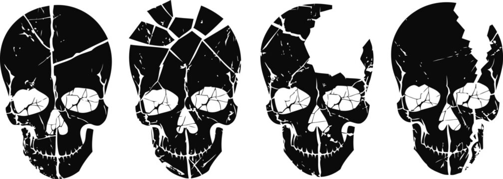 sequential illustration of a cracked black skull gradually breaking apart in stages on white background