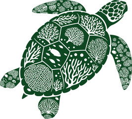 Minimalist vector icon sea turtle silhouette with coral reef patterned shell clean dark green single color modern ocean conservation symbol design © ArtFlex