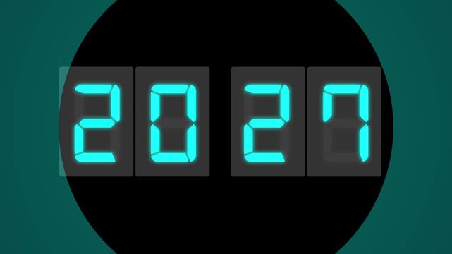 Digital LED number display showing 2027 in a realistic seven-segment style on background. Perfect for New Year themes, UI/UX design, and sci-fi visuals concept or innovation themes.