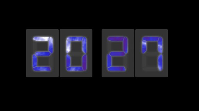 Digital LED number display showing 2027 in a realistic seven-segment style on background. Perfect for New Year themes, UI/UX design, and sci-fi visuals concept or innovation themes.