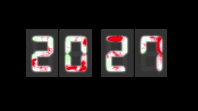 Digital LED number display showing 2027 in a realistic seven-segment style on background. Perfect for New Year themes, UI/UX design, and sci-fi visuals concept or innovation themes.