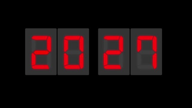 Digital LED number display showing 2027 in a realistic seven-segment style on background. Perfect for New Year themes, UI/UX design, and sci-fi visuals concept or innovation themes.